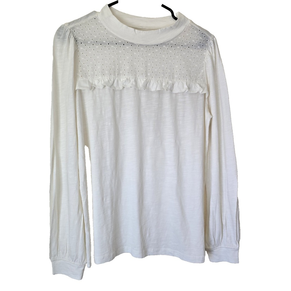 LOFT Outlet White Floral Eyelet Lace Blouse Top Long Sleeve Cotton Modal Sz Med